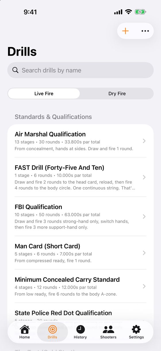 The Drills tab with the Live Fire and Dry Fire switch and a list of standards and qualifications