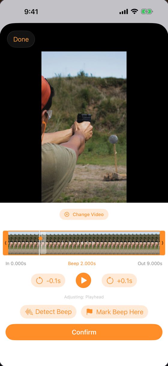 Shot View sync screen with the video filmstrip and in, beep and out points